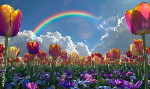 Rainbow valley carpeted with rare, iridescent tulips and daisies, under a vibrant arching rainbow and fluffy clouds in a clear blue sky, 4K hyperrealistic photo photo