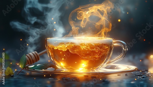 Cup of steaming tea with honey, glowing and enchanting atmosphere. photo