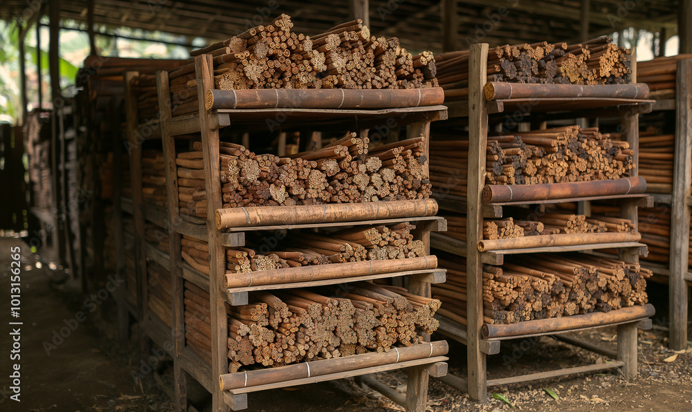 Cinnamon plantation. Cinnamon sticks extraction. Cinnamon plantation. Cinnamon sticks extraction.