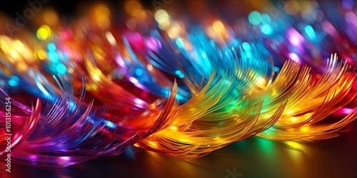 A tapestry of vibrant hues, illuminated strands dance in a symphony of light, creating an abstract spectacle of colorful motion. photo