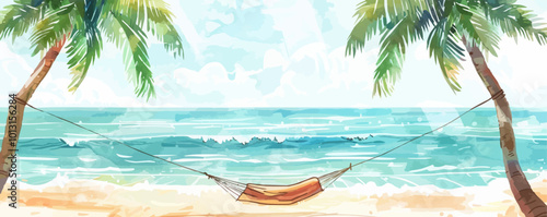 Serene beach scene with a hammock between two palm trees, gentle waves, and a clear sky, flat, vector illustration in watercolor style.