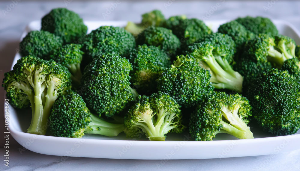 A fresh display of broccoli arranged on a white platter, showcasing its vibrant green color and healthy appeal. A fresh display of broccoli arranged on a white platter, showcasing its vibrant green color and healthy appeal.