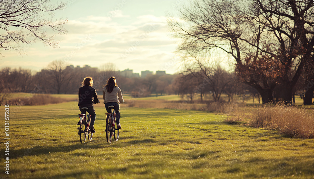 Take shots of people riding bicycles in an open field or park, with wind blowing through their hair, embodying a sense of carefree adventure Take shots of people riding bicycles in an open field or park, with wind blowing through their hair, embodying a sense of carefree adventure
