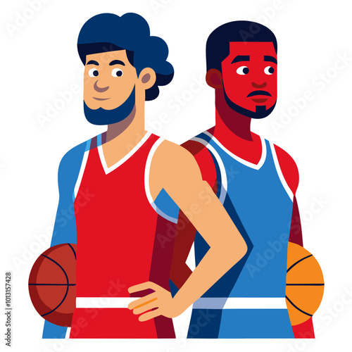 Basketball Rivals: A vibrant illustration of two diverse basketball players, one in a red jersey and one in blue, standing side-by-side, ready for the game.