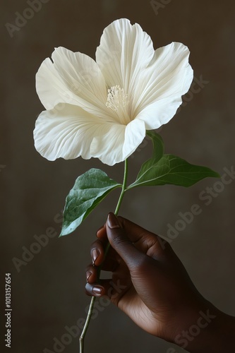 studio shot with the hand of a Young black woman gently holds a white flower against a brown background, showcasing nature's elegance; vertical poster