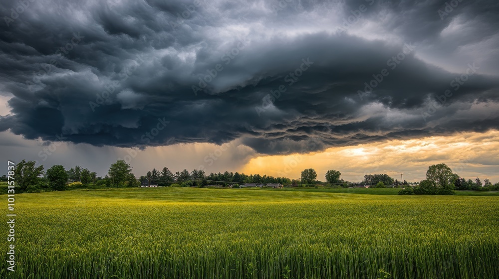 Dramatic storm clouds gathering over a lush green field at sunset in rural countryside Dramatic storm clouds gathering over a lush green field at sunset in rural countryside