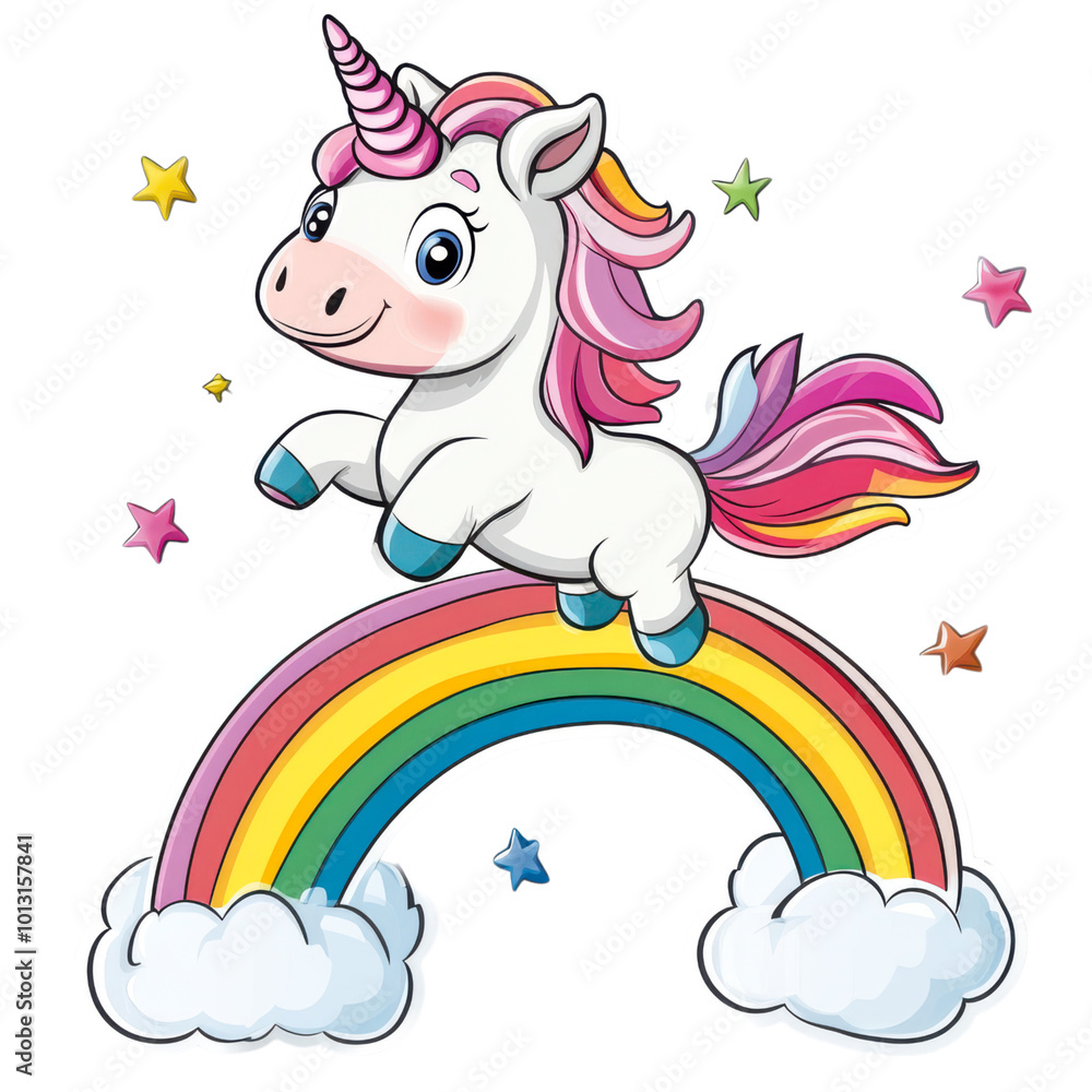 Naklejka premium Cute Cartoon Unicorn and Rainbow