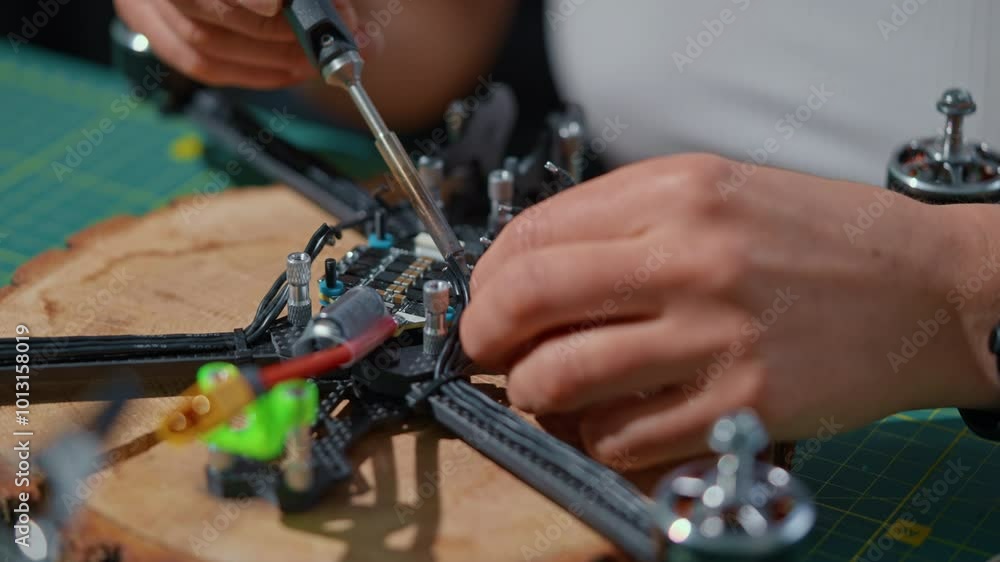 A person assembles a drone using various components, demonstrating technical skills in a well-equipped workshop. A person assembles a drone using various components, demonstrating technical skills in a well-equipped workshop.