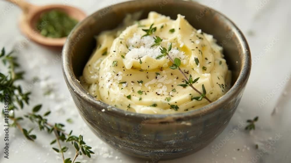 Close up of delicious herb butter in a bowl, seasoned with thyme, pepper, and salt, perfect for enhancing any dish. Creamy spread on rustic marble background with fresh green and white hues Close up of delicious herb butter in a bowl, seasoned with thyme, pepper, and salt, perfect for enhancing any dish. Creamy spread on rustic marble background with fresh green and white hues