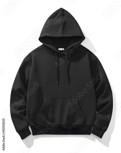 Black hoodie mock-up design, oversized fit with long sleeves and hood design, high-quality cotton material visible through the fabric design, plain black color without patterns or prints,