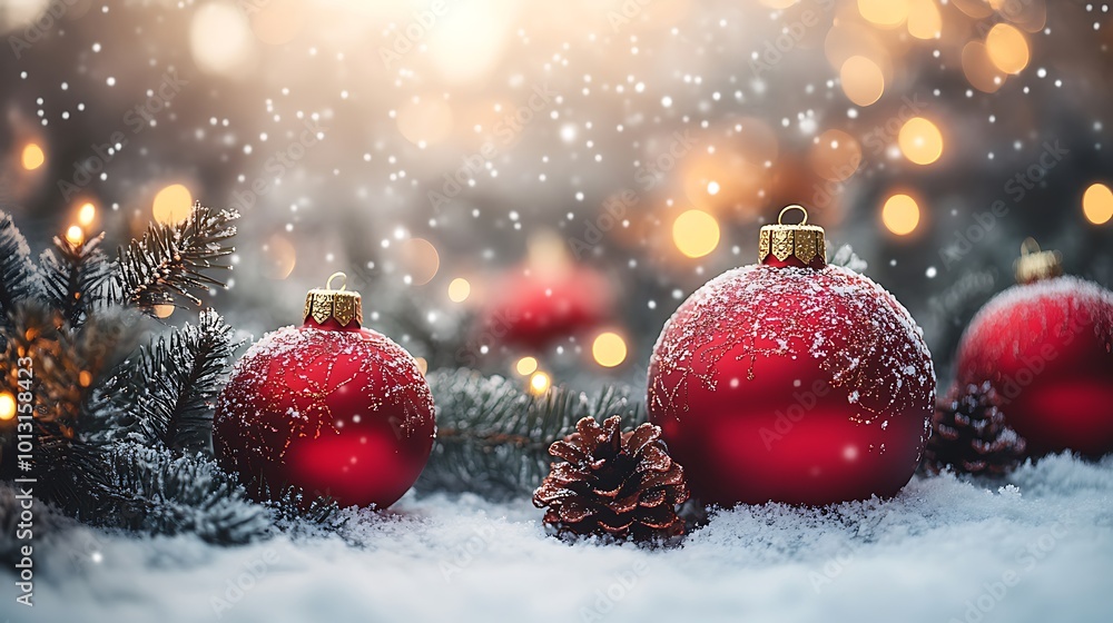 Red Christmas ornaments with pine branches and pinecones in the snow, with bokeh lights and snow falling in the background. Red Christmas ornaments with pine branches and pinecones in the snow, with bokeh lights and snow falling in the background.