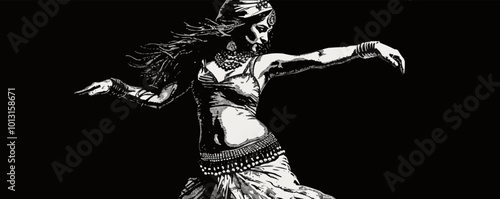 Sultry pin-up belly dancer in a traditional costume, performing a dance, vector illustration, pin-up style, scratch board imitation, black and white image.