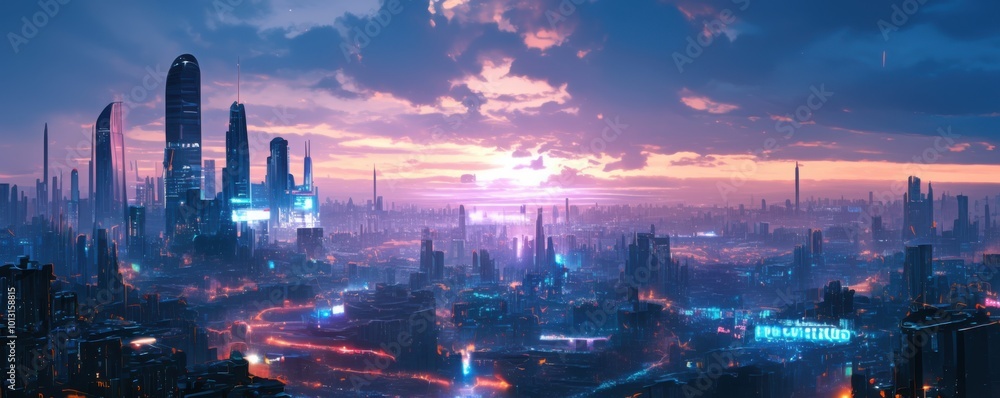 Fototapeta premium Cybernetic metropolis under a digital sky, illuminated by virtual sunrays, 4K hyperrealistic photo