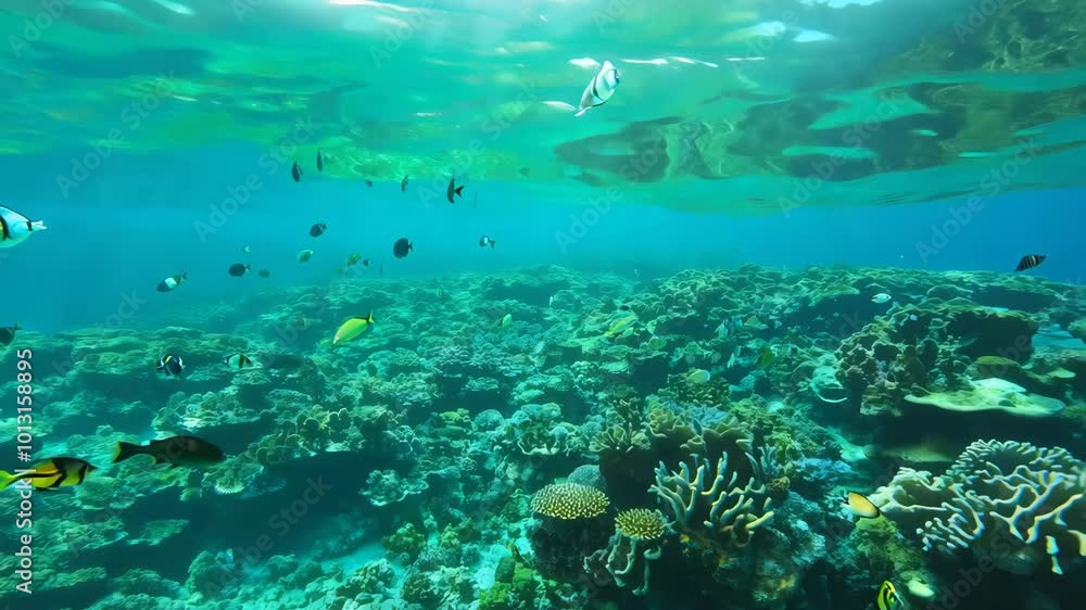A 360-degree shot captures a vibrant coral reef near the surface of the water, as sunlight dances on the waves, illuminating the underwater scenery with natural light. A 360-degree shot captures a vibrant coral reef near the surface of the water, as sunlight dances on the waves, illuminating the underwater scenery with natural light.