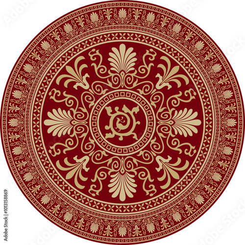 Vector red and gold colored round ornament of ancient Greece. Classic circle pattern of the Roman Empire