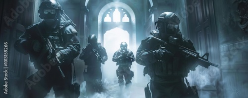 Hostage extraction mission by a special forces team in a fortified castle, 4K hyperrealistic photo
