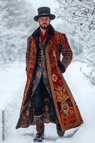 Man wearing russian cossack wear with patterns photo