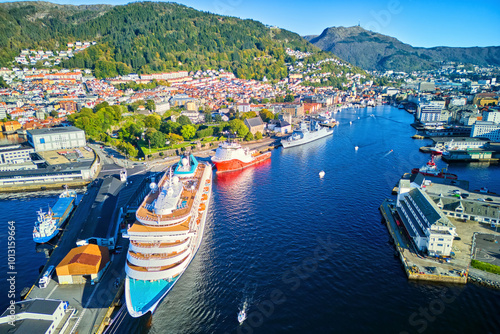 Aerial view of Bergen harbor and cruise ship at wharf, Norway
