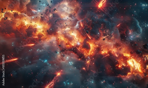 Celestial battle scene with glowing plasma bursts and pulsating star clusters, 4K hyperrealistic photo