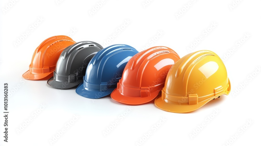Stacked Construction Hard Hats in Bright Colors on a White Background Stacked Construction Hard Hats in Bright Colors on a White Background