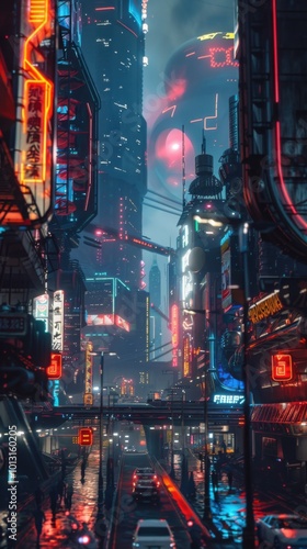 Futuristic city with neon lights, 4K hyperrealistic photo photo