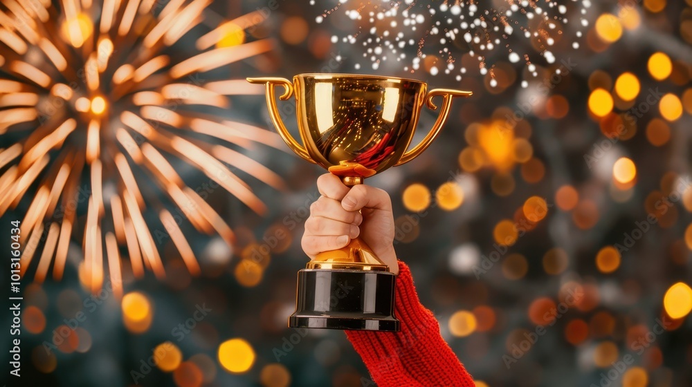 Hand lifting a golden trophy in victory, surrounded by festive fireworks and glowing bokeh lights, symbolizing success and celebration. Hand lifting a golden trophy in victory, surrounded by festive fireworks and glowing bokeh lights, symbolizing success and celebration.