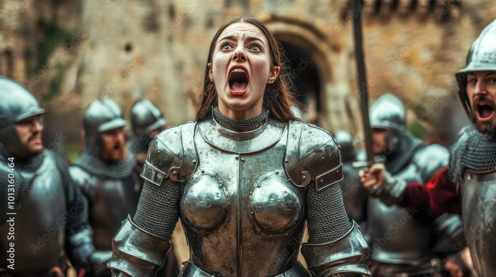 Medieval female knight shouting orders during battle at a castle Medieval female knight shouting orders during battle at a castle