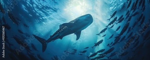 Whale shark cruising through a school of fish, 4K hyperrealistic photo photo