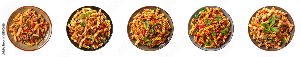 fusilli pasta on a plate isolated on a transparent or white background, top view, cut-out, PNG fusilli pasta on a plate isolated on a transparent or white background, top view, cut-out, PNG