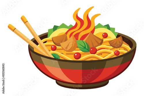 Vector Illustration of Traditional Chow Mein Noodles Recipe - Asian Chicken Stir-Fry.