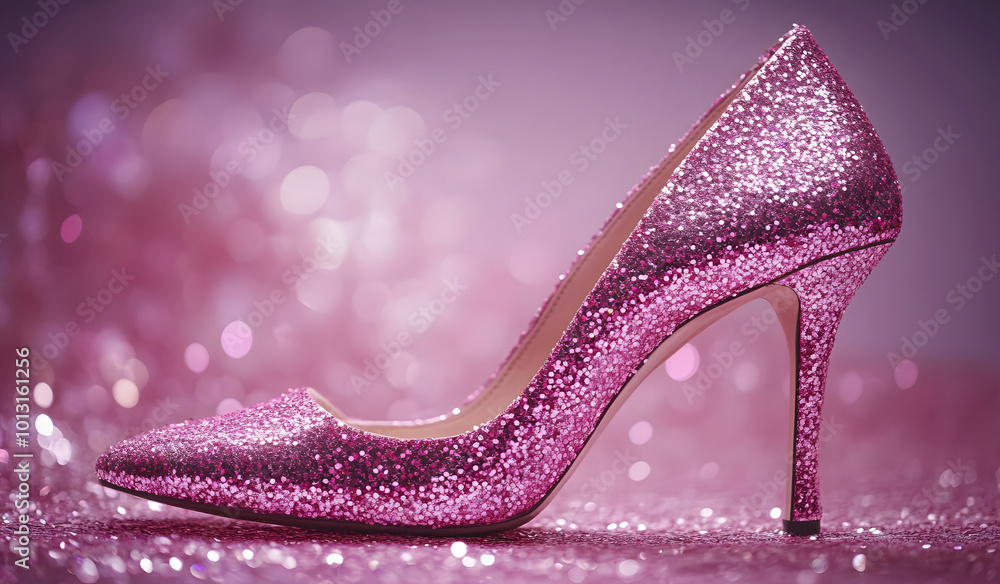 Sparkling pink high heel shoe with glitter decor. Sparkling pink high heel shoe with glitter decor.