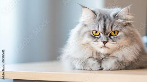 A beautiful silver cat with striking yellow eyes resting on a table, exuding an air of elegance and calmness. photo