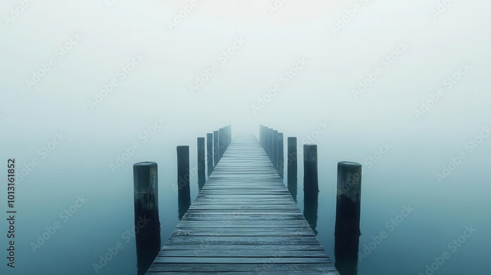 Fototapeta premium A serene wooden pier extending into a misty, tranquil body of water, evoking calmness and reflection in nature.
