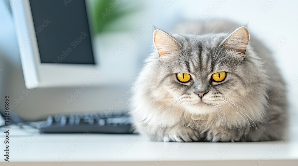A fluffy silver cat with striking yellow eyes resting on a desk beside a computer, creating a cozy home office atmosphere. A fluffy silver cat with striking yellow eyes resting on a desk beside a computer, creating a cozy home office atmosphere.
