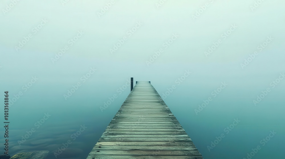 Fototapeta premium A serene wooden pier extends into a misty lake, surrounded by tranquil waters and soft colors, perfect for peaceful reflections.