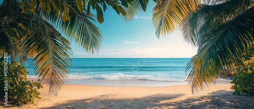 Serene beach view framed by palm leaves, featuring tranquil ocean waves and a clear blue sky, perfect for relaxation and escape.
