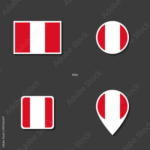 Peru flag icon set in different shape (rectangle, circle, square and marker icon) on dark grey background. Peru sticker icon collection on barely dark background.	