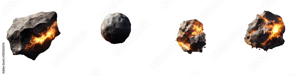 Fototapeta premium Set of various realistic large comet meteorites burns isolated on transparent background.&nbsp;