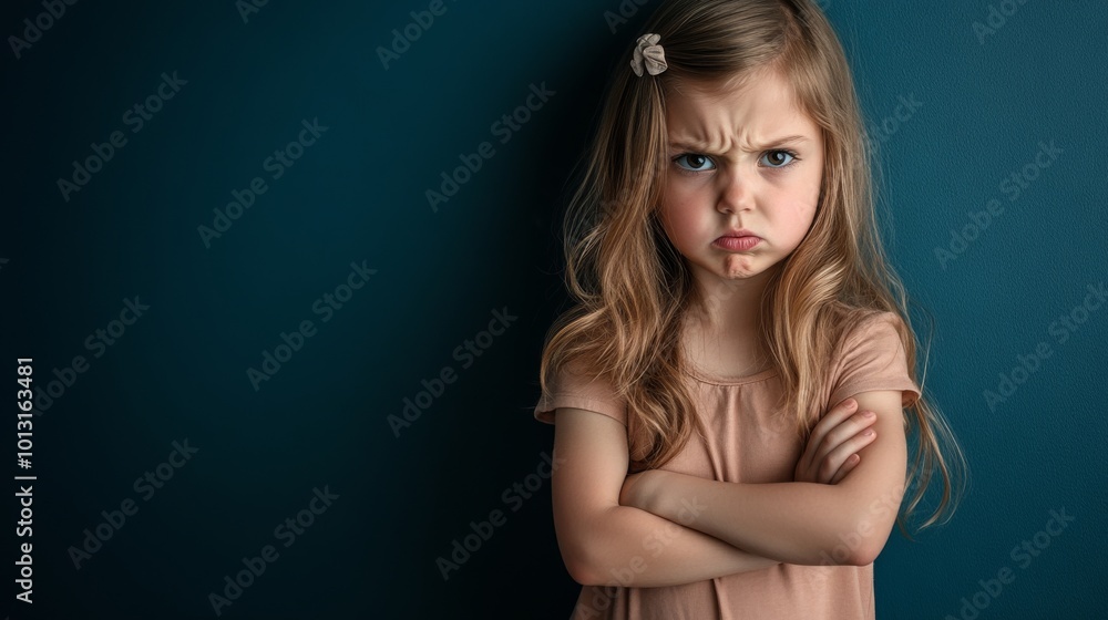 Naklejka premium A young girl crossing her arms with a serious expression against a dark blue background during indoor playtime.