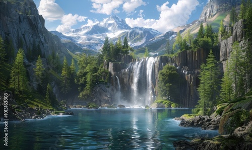 Breathtaking remote waterfall scene, 4K hyperrealistic photo photo