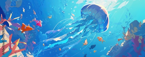 Cartoon jellyfish and fish in a joyful ocean scene, thick outlines, simple details, no shading, 4K hyperrealistic photo
