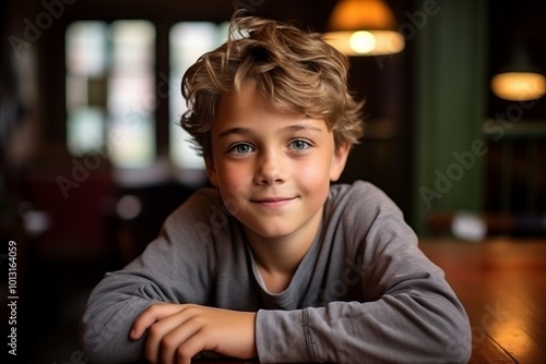 Portrait of a cute little boy with curly hair, indoor shot