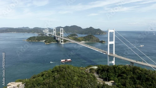 来島海峡の島々と青い瀬戸内海を見下ろす4K空撮（しまなみ海道）