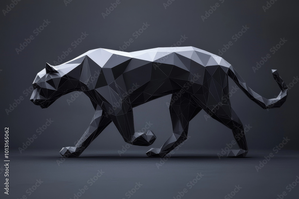 A sleek, black, low-poly sculpture of a panther in motion against a dark background, showcasing modern design aesthetics. A sleek, black, low-poly sculpture of a panther in motion against a dark background, showcasing modern design aesthetics.