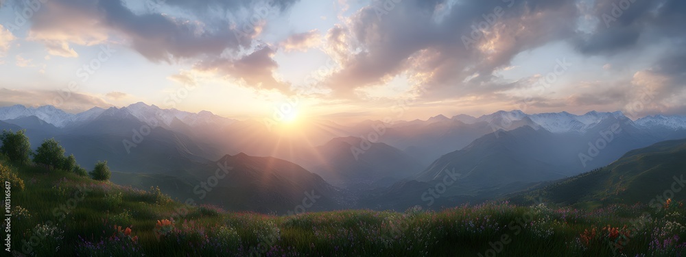 The sun shines through the clouds, casting rays of light on mountains and green grass in mountainous areas