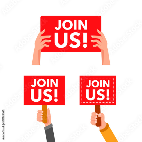Hands holding join us signs encouraging people to become members