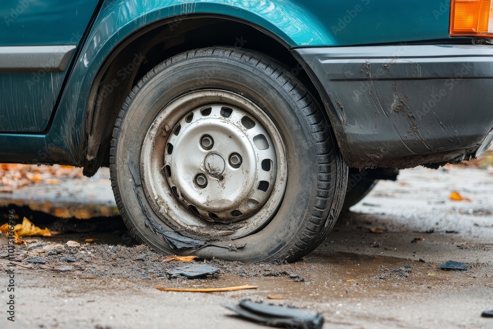 Close-Up of a Flat Rear Tire on a Car Highlighting Damage Close-Up of a Flat Rear Tire on a Car Highlighting Damage