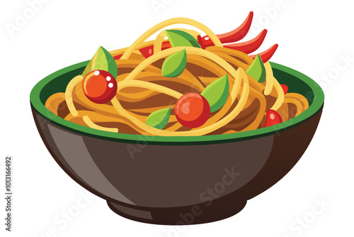 Vector Illustration of Traditional Chow Mein Noodles Recipe - Asian Chicken Stir-Fry.