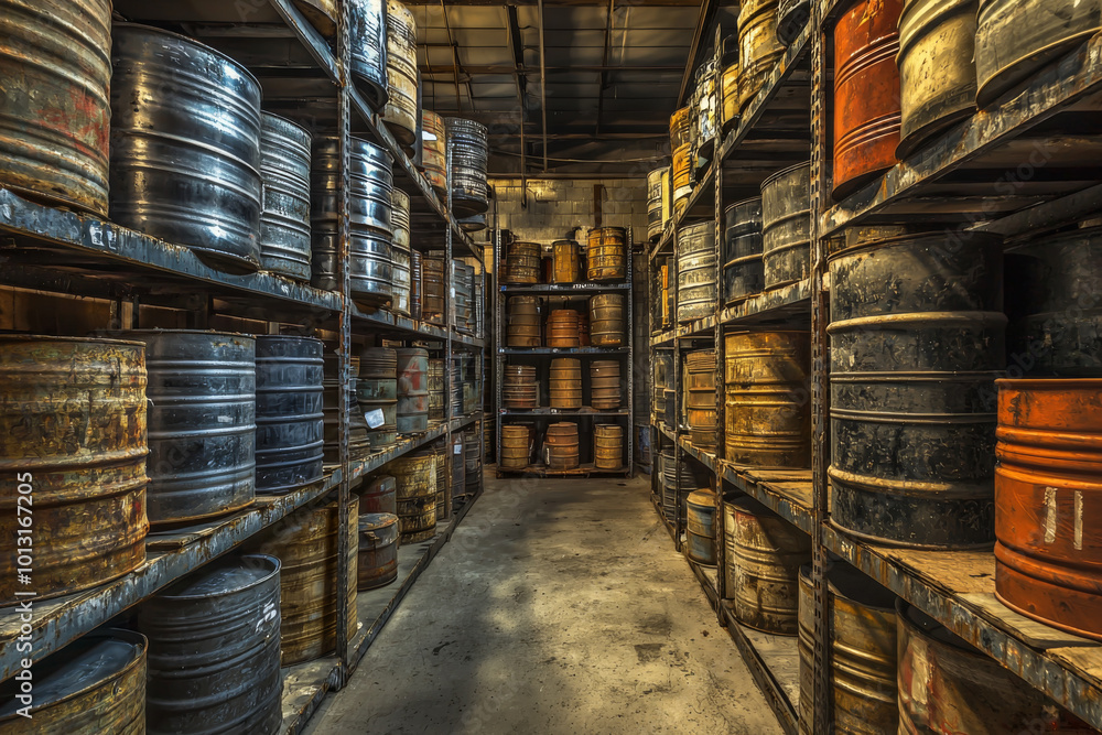 A dimly lit industrial storage area filled with stacked barrels on metal shelves, suggesting a focus on inventory or supplies. A dimly lit industrial storage area filled with stacked barrels on metal shelves, suggesting a focus on inventory or supplies.