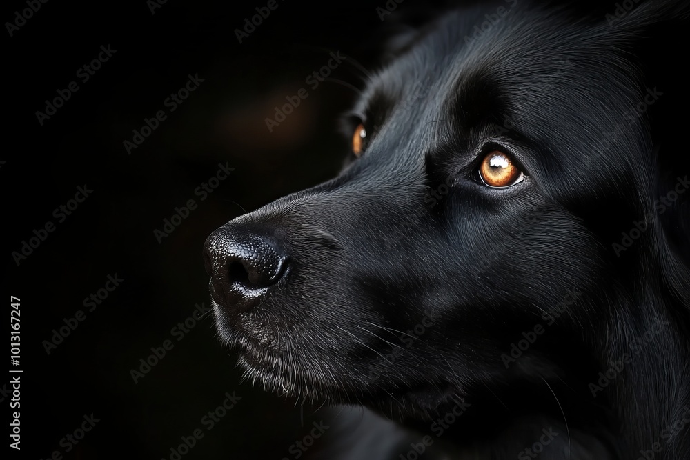 Black Hovawart Female Dog Portrait Against a Black Background Black Hovawart Female Dog Portrait Against a Black Background